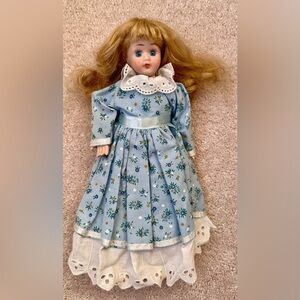 Vintage Porcelain Doll with Blue Eyes - Blue Dress and White Shoes